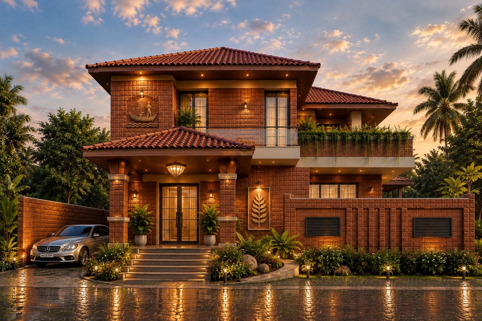 Beyond the Farmhouse alternate exterior perspective showing sloping rooflines and Konkan landscape integration