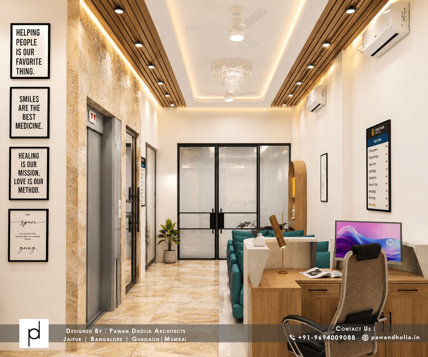 Alternate view of Teertham Hospital reception lounge showing acoustic ceiling integration and clean circulation