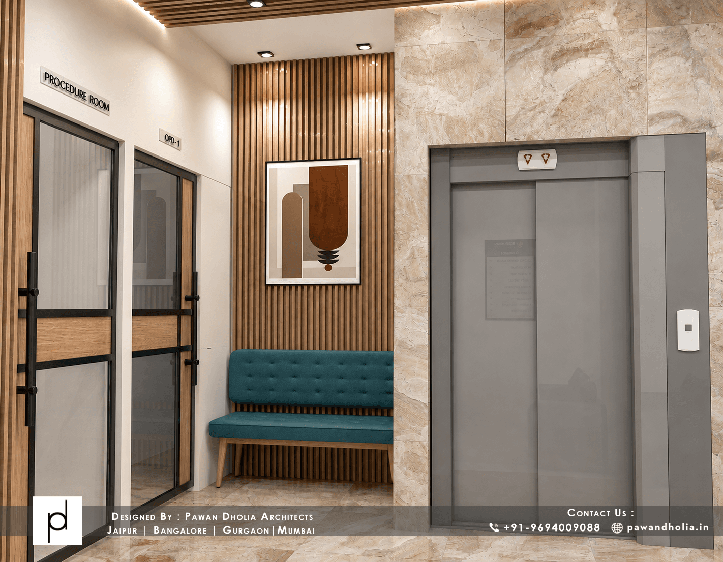 Teertham Hospital spill-over waiting area with integrated linear cove lighting and comfortable seating