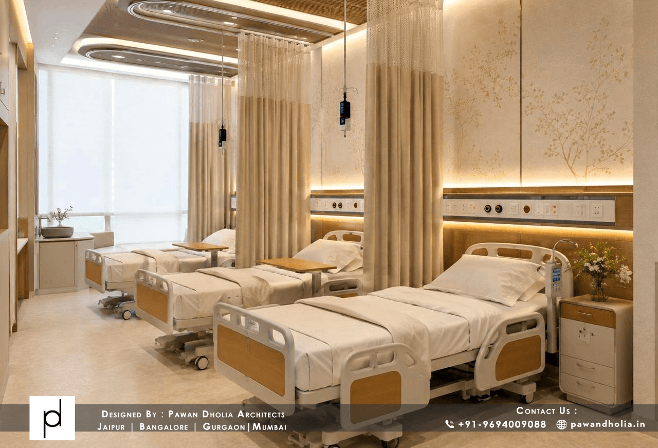 Teertham Hospital patient ward interior with warm lighting and contemporary hospital furniture